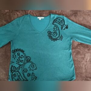 Chico's Teal Long Sleeve Embroidered Light Weight Sweater, Sz 2 (L)